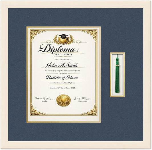 CountryArtHouse Diploma and Tassel Frame Fits 10 x 13 College Diploma (Portrait Tradit Coastal Whitewash Genuine Hardwood Shadowbox with Navy Blue Over Metallic Gold Double mat