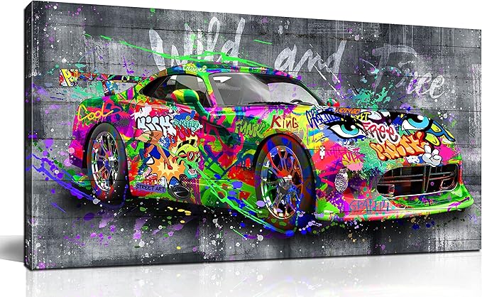 SIXTTART Graffiti Car Wall-Decor - Banksy Canvas Wall Art for Bedroom - Teen Boy Room Decor Ready To Hang Size 40" x 20"