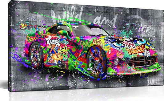 SIXTTART Graffiti Car Wall-Decor - Banksy Canvas Wall Art for Bedroom - Teen Boy Room Decor Ready To Hang Size 40" x 20"