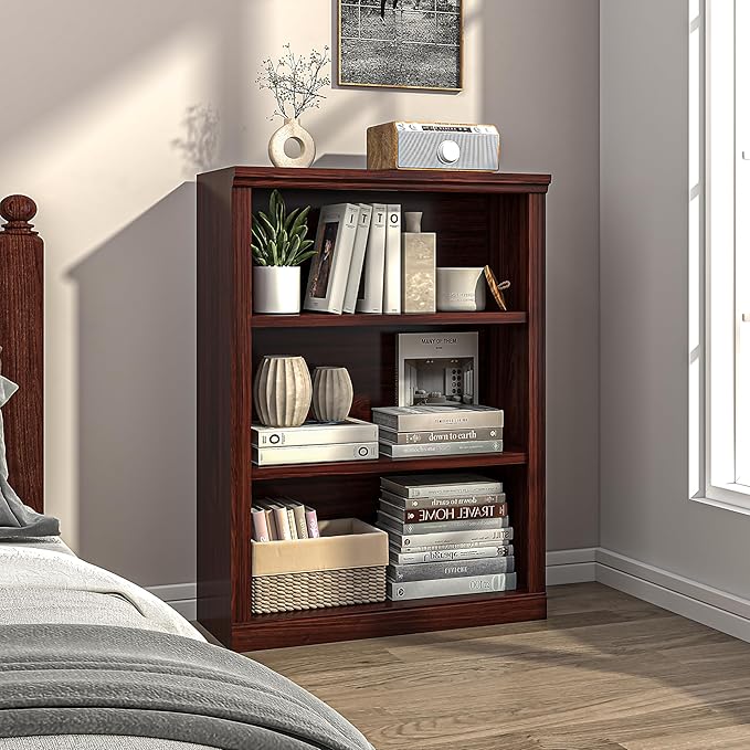 3-Tier Bookshelf Basic Book Case, Wooden Storage Shelves Rustic Bookshelf, D:12.8" x W: 29.5" x H:41.2", Sturdy Display Cabinet for Living Room, Library, Office, 3-Tier, Cherry