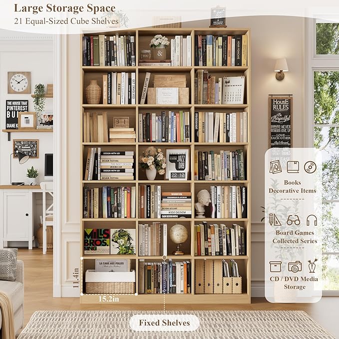 HOSTACK 86" H Triple Wide Bookshelf and Bookcase, 7 Tier Tall Bookshelf with Storage, Large Bookcase with 21 Open Display Storage Shelves, Book Shelf Media CD DVD Storage for Living Room, Light Wood