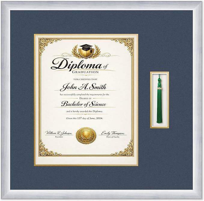 CountryArtHouse Diploma and Tassel Frame Fits 11 x 14 College Diploma (Portrait) with T Stainless Silver Genuine Hardwood Shadowbox with Navy Blue Over Metallic Gold Double mat