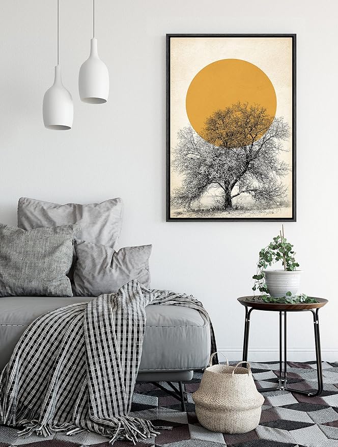 SIGNFORD Framed Canvas Print Wall Art Tree with Branches Under Shining Sun Abstract Wilderness Digital Art Modern Art Rustic Scenic for Living Room, Bedroom, Office - 24"x36" Black