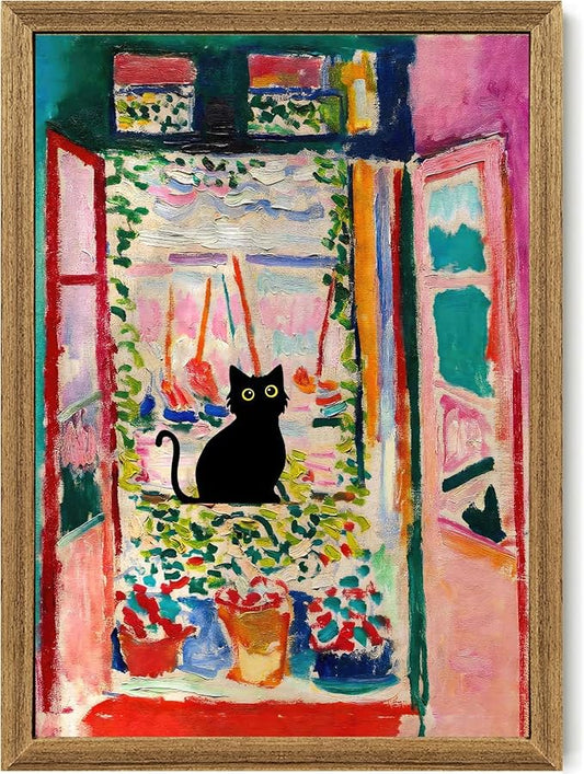 Fantasy Artists Henri Matisse Cat Wall Art, Framed Open Window Black Cat Canvas Poster Prints, Abstract Aesthetic Wall Decors for Living Room, Oil Paintings for Room Bathroom Decorations 16" X 24"