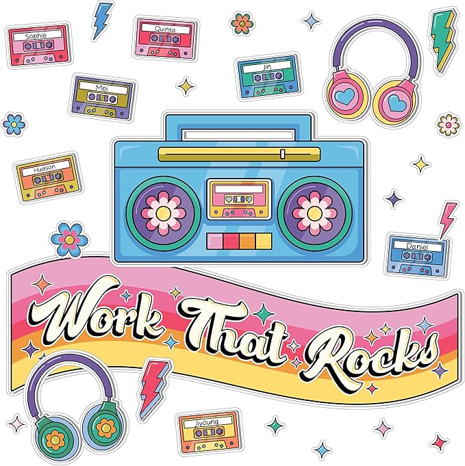 Happily Ever Elementary Retro Remix 79-Piece Work That Rocks Motivational Bulletin Board Set, Boombox, Cassette Tapes, Headphone, Flowers and More Groovy Bulletin Board Decorations for Classroom Decor