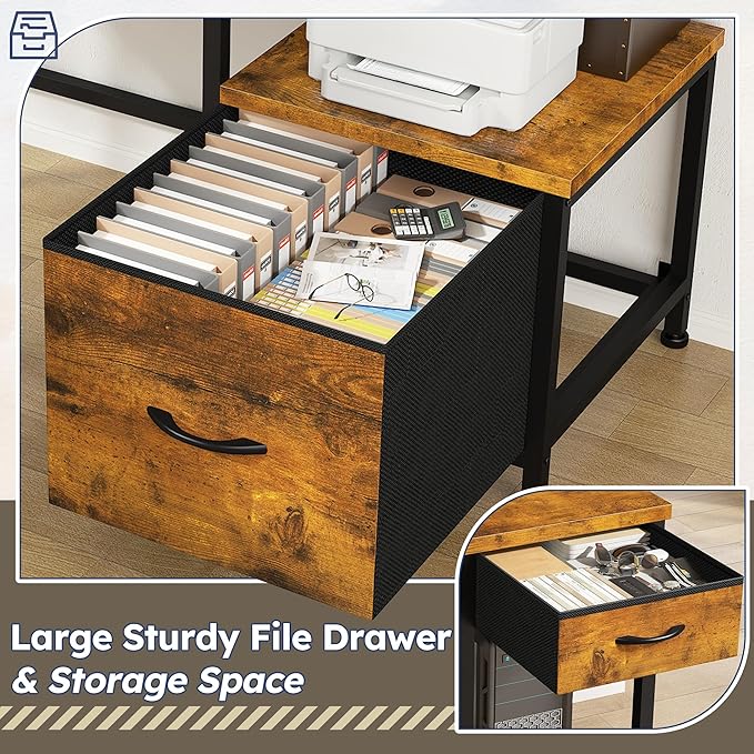96.5''Office Desk with LED Lights, L Shaped Gaming Desks with Power Outlets, Two Person Computer Desk with Drawers & Monitor Shelf for Home Office, Study Room and Bedroom, Rustic Brown