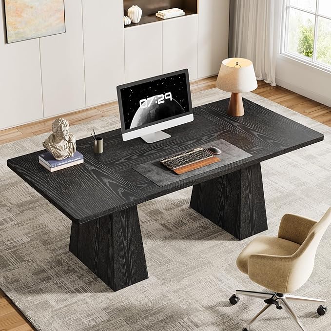 Tribesigns 63-Inch Executive Desk, Modern Black Office Computer Desk with Sturdy Double Pedestal, Large Study Writing Table Simple Workstation for Home Office
