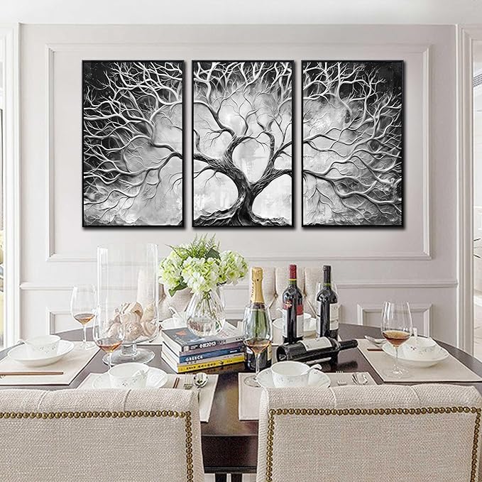 Large Framed Wall Art Bedroom - Tree Pictures Wall Decor - 3 Piece Abstract Wall Art with Black Frame Ready to Hang Size 24" x 36" x 3 Panels