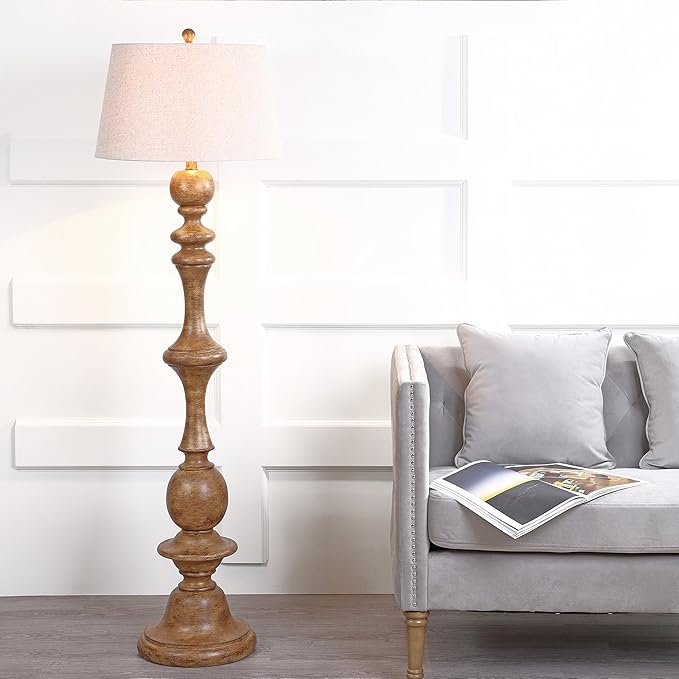JONATHAN Y 67" Brown Spindled Resin LED Floor Lamp, Rustic Farmhouse Faux Bois Standing Lamp, Gray Linen Drum Shade for Living Room, Bedroom, LED Bulb Included, UL Listed JYL3000A