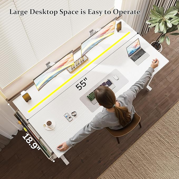 55 Inch White Computer Desk with LED Lights, Office Desk with Storage Bag for Home Office, Gaming Desk with Headphone Hook for Study Writing Work Desk,Sturdy Metal Frame