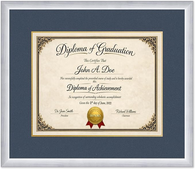 Diploma Frame Stainless Silver with Navy Blue Over Gold Double Mat - Fits 15 x 12 Military/Government Wall Display Made in the USA