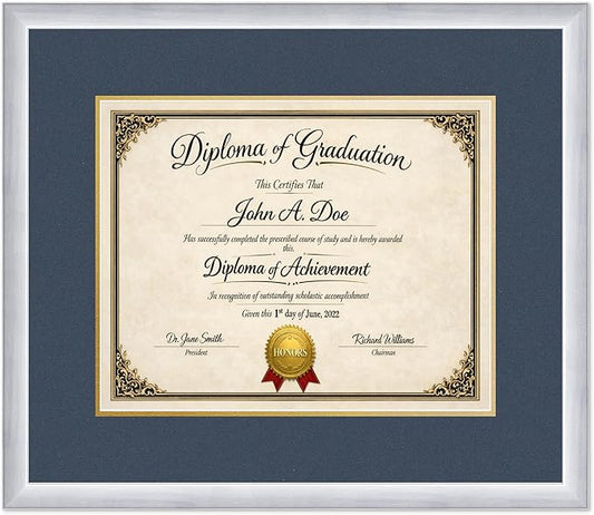 Diploma Frame Stainless Silver with Navy Blue Over Gold Double Mat - Fits 15 x 12 Military/Government Wall Display Made in the USA
