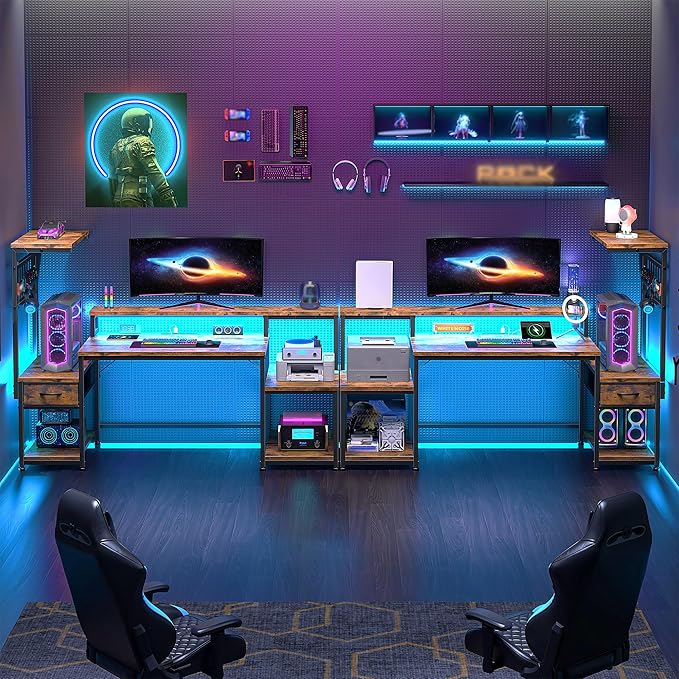 55" Gaming Desk with LED Lights & Outlets,Computer Desk with Drawers & Monitor Stand,Gaming Table with Storage Shelves & Printer Space for Game Room,Study Room,Home Office,Rustic Brown