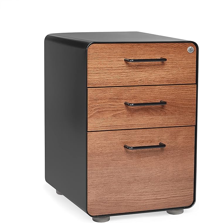 Poppin Stow 3-Drawer File Cabinet - Black + Walnut, 2 Utility Drawers and 1 Hanging File Drawer, Fully Painted Inside and Out, Powder-Coated Steel, Two Keys Included, Stationary