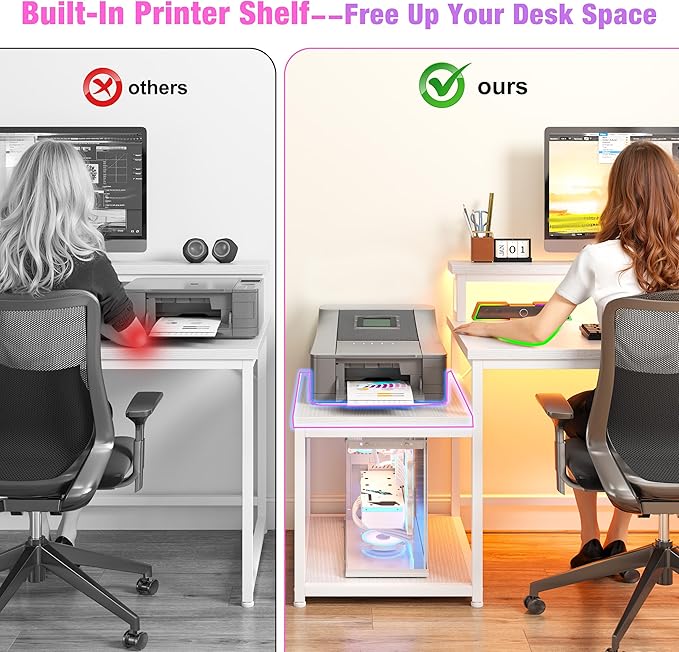 EnHomee 63" L Shaped Gaming Desk with LED Lights & Power Outlets,Reversible Corner Gaming Table with Storage Shelf & Hooks,Computer Desk with Monitor Stand & Print Stand for Bedroom,Home Office,White