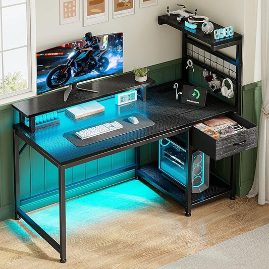 EnHomee 40" Gaming Desk with Power Outlets & LED Lights, Computer Desk with Drawer & Storage Shelve, Home Office Desk with Monitor Stand for Living Room, Study Room, Gaming Room, Black