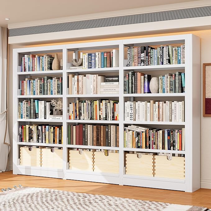 Bookshelf,5-Tier Industrial Bookshelf, White Bookcases and Bookshelves,Tall Bookshelf Storage Organizer,Freestanding Bookshelf for Living Room, Bedroom,Home Office,Metal Bookshelf (White, Bookshelf-3)