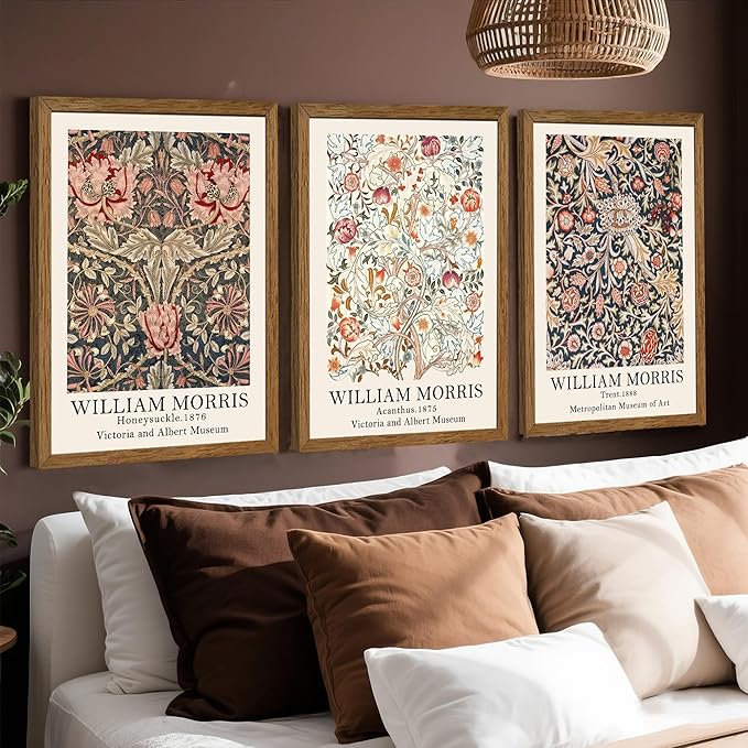 Krtoni 3PCS Framed William Morris Wall Art, Rustic Farmhouse Floral Wall Decor, Vintage Flower Plants Aesthetic Paintings, Flower Botanical Art Prints for Living Room Bedroom Bathroom 12W x 16H