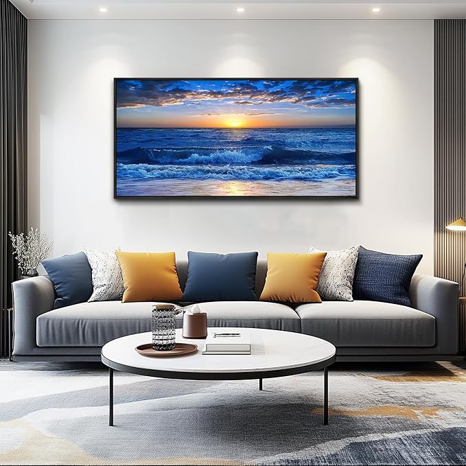 Sea Beach Framed Canvas Wall Art For Living Room Wall Decor For Bedroom Home Decor Blue Ocean Canvas Pictures Artwork Sunny Sea View Wave Painting Office Wall Decorations Black Framed 20" X 40"