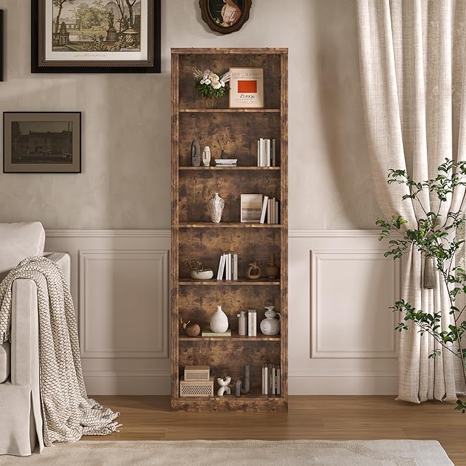Tall Bookshelf, 6-Tier Bookcase with 2 Adjustable Shelves, Modern Farmhouse Storage for Living Room, Entryway, Office, 23.6" W x 74.8" H x 10.6" D, Brown