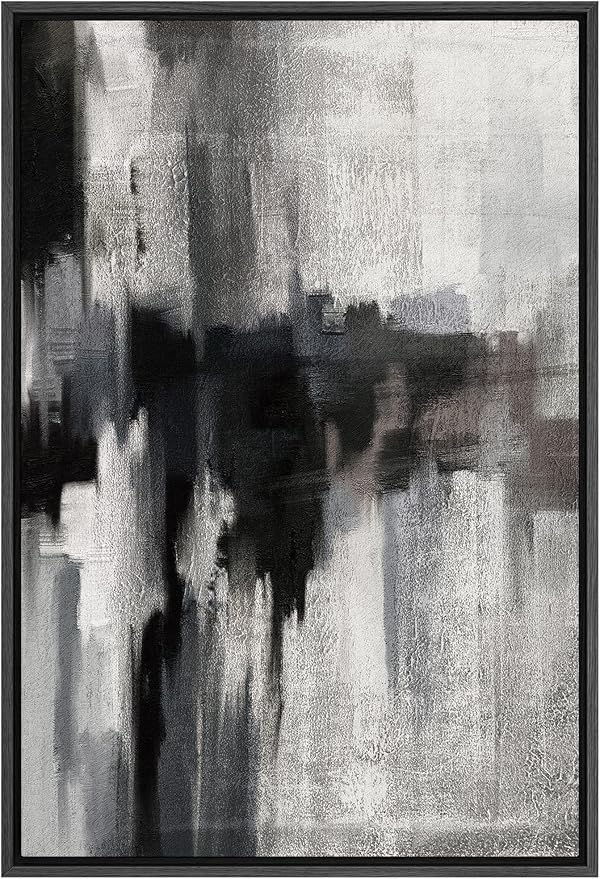 SIGNFORD Framed Canvas Print Wall Art Black Brushstrokes on Gray Background Abstract Shapes Illustrations Minimalism Alternative Edgy Dark for Living Room, Bedroom, Office - 24"x36" Black