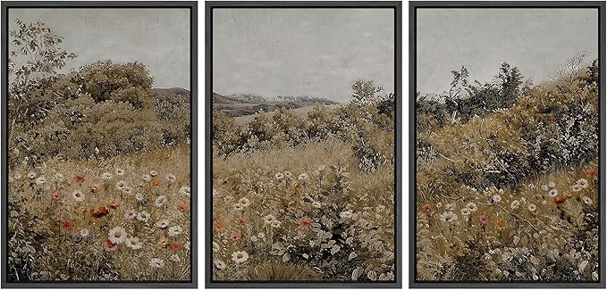 SIGNFORD Framed Wall Art Print Set Summer Wildflower Lush Floral Landscape Illustrations Modern Decorative Multicolor Relax/Calm Chic for Living Room, Bedroom, Office - 24"x36"x3 Black