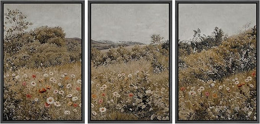 SIGNFORD Framed Wall Art Print Set Summer Wildflower Lush Floral Landscape Illustrations Modern Decorative Multicolor Relax/Calm Chic for Living Room, Bedroom, Office - 24"x36"x3 Black