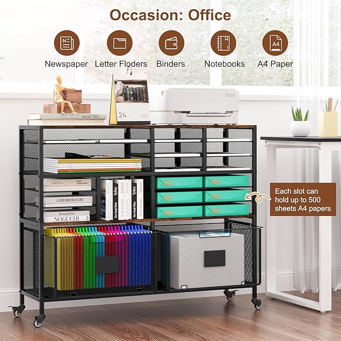 18 Slots Lateral File Cabinet with 2 Drawers, Mobile Filling Cabinet with Open Storage Shelves, Hanging File Folder For Letter Size, Metal Bookshelf Organizer Cart for Office Home, Black