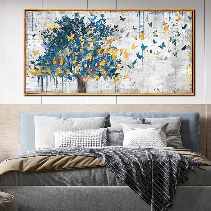 Large Framed Canvas Wall Art Blue Tree Golden Butterflies Picture Abstract Grey Graffiti Canvas Prints Ready to Hang for Living Room Bedroom Size 30x60