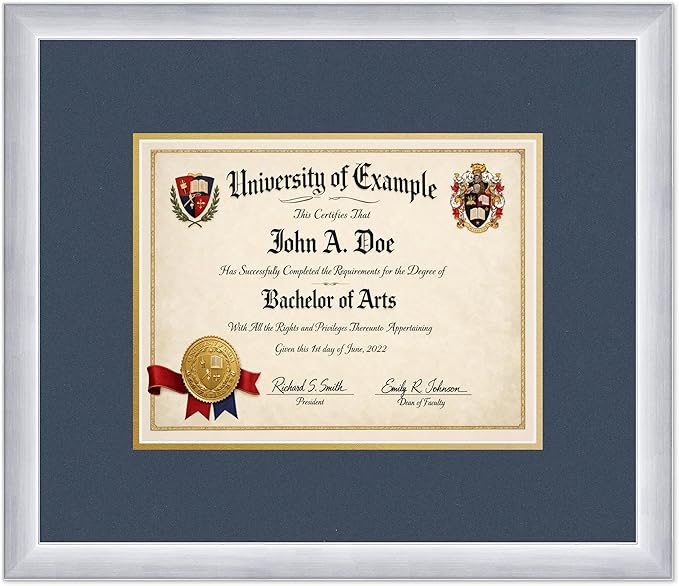 CountryArtHouse Diploma Frame Fits 11 x 8.5 US Letter Certificate - Keepsake Graduation Display Stainless Silver Genuine Hardwood with Navy Blue Over Metallic Gold Double mat