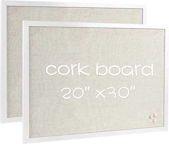 Board2by 2-Pack Farmhouse Linen Cork Bulletin Board, White Frame 30" x 20" Corkboard, Office Board for Wall Decor, Wall Mounted Pin Board Picture Board with 40 Pushpins for School, Home & Office