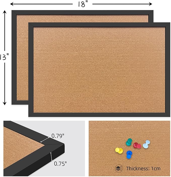 Cork Bulletin Board, 13''x18''-2pack Hanging Cork Board Wooden Framed with Pins for Wall, Dorm Room, Office, Home Decor – Natural Cork & Black Frame
