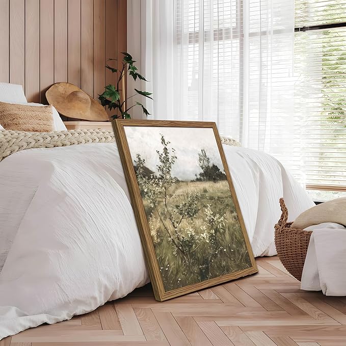 Vintage Landscape Wall Art Set of 2, Green Natural Wilderness Farmhouse Canvas Wall Decor Paintings, Retro Country Wildflower Oil Pictures Posters Prints for Living Room Bedroom 12x16 Inch Wood Framed