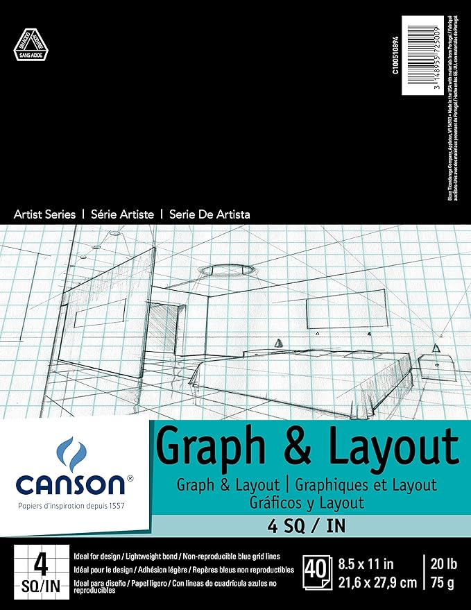 Canson Artist Series Graph and Layout Paper, 4 by 4 Blue Grid, Foldover Pad, 8.5x11 inches, 40 Sheets (20lb/75g) - Artist Paper for Adults and Students - Colored Pencil, Marker, Ink, Pen