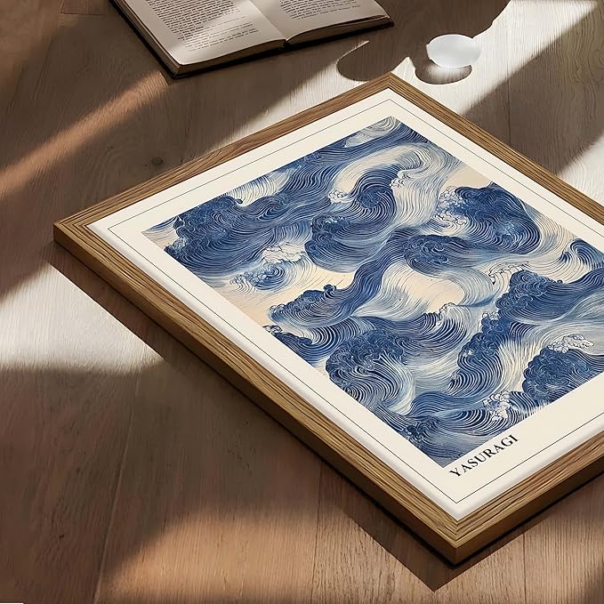 Framed Japanese Wall Art, Vintage Abstract Blue Waves Canvas Wall Decor Painting, Minimalist Japandi Oriental Ocean Aesthetic Prints Picture for Living Room Bathroom Bedroom 12x16 Inch