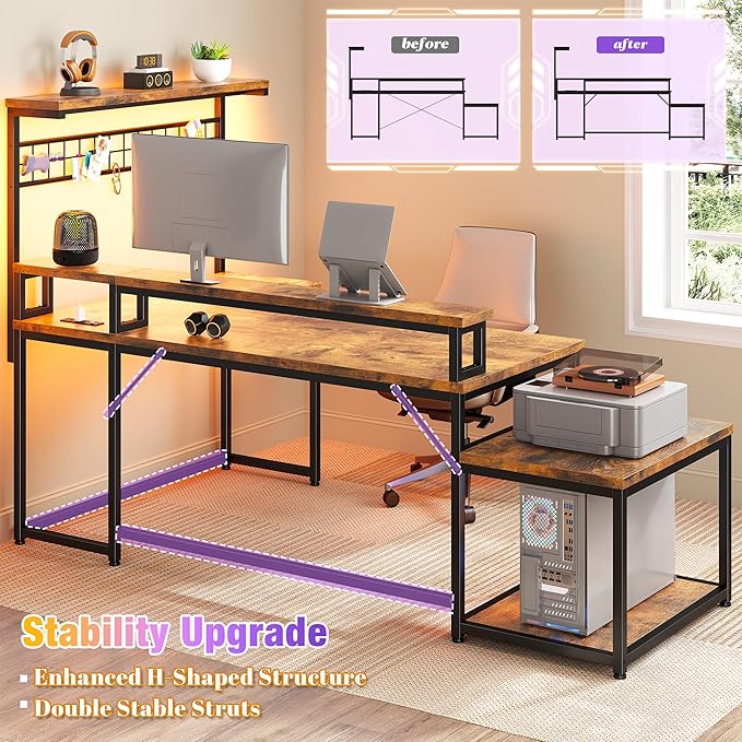 EnHomee 56" Medium L Shaped Gaming Desk with LED & Power Outlets,Computer Desk with Monitor Stand & Print Stand for Home Office,Reversible Corner Gaming Table with Storage Shelf & Hooks,Rustic Brown