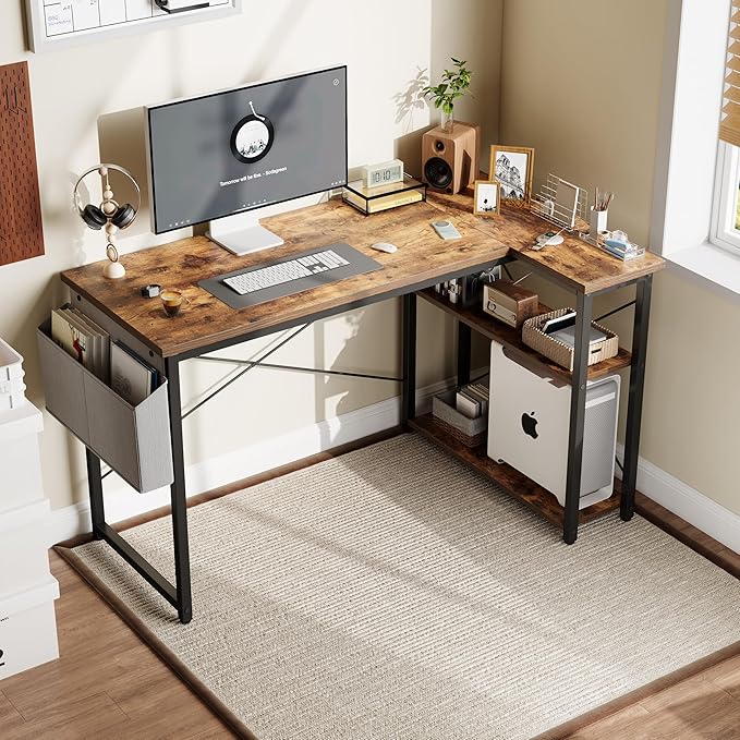 Grandder L Shaped Computer Desk with Reversible Shelves, 40 Inch Small Corner Desk with Storage Bag, Gaming Desk Computer Table Study Writing Desk for Home Office Small Space, Rustic Brown