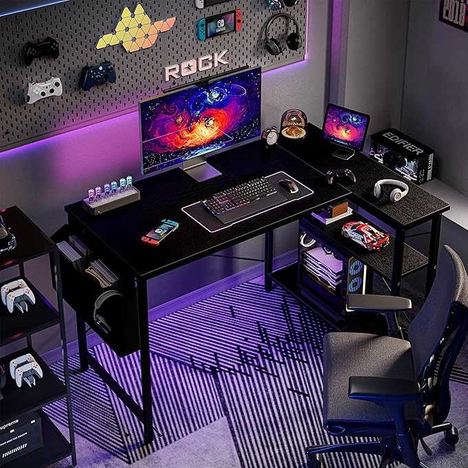 Grandder L Shaped Computer Desk with Reversible Shelves, 47 Inch Small Corner Desk with Storage Bag, Gaming Desk Computer Table Study Writing Table for Home Office Bedroom Small Space, Black