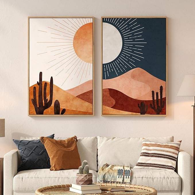 Large Framed Boho Desert Wall Art for Living Room, Set of 2 Sun and Moon Cactus Landscape Canvas Artwork for Walls, Mid Century Modern Bohemian Painting Print Bedroom Home Office Wall Decor, 24x36 In