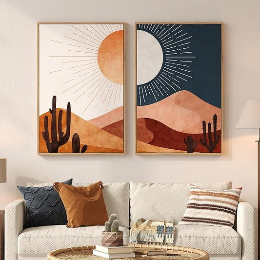 Large Framed Boho Desert Wall Art for Living Room, Set of 2 Sun and Moon Cactus Landscape Canvas Artwork for Walls, Mid Century Modern Bohemian Painting Print Bedroom Home Office Wall Decor, 24x36 In