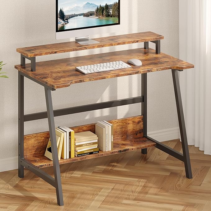 ALISENED 31.5 Inch Small Office Desk with Storage, Small Desk for Small Spaces, Compact Home Office Desk, Mini Study Desk for Bedroom, Brown