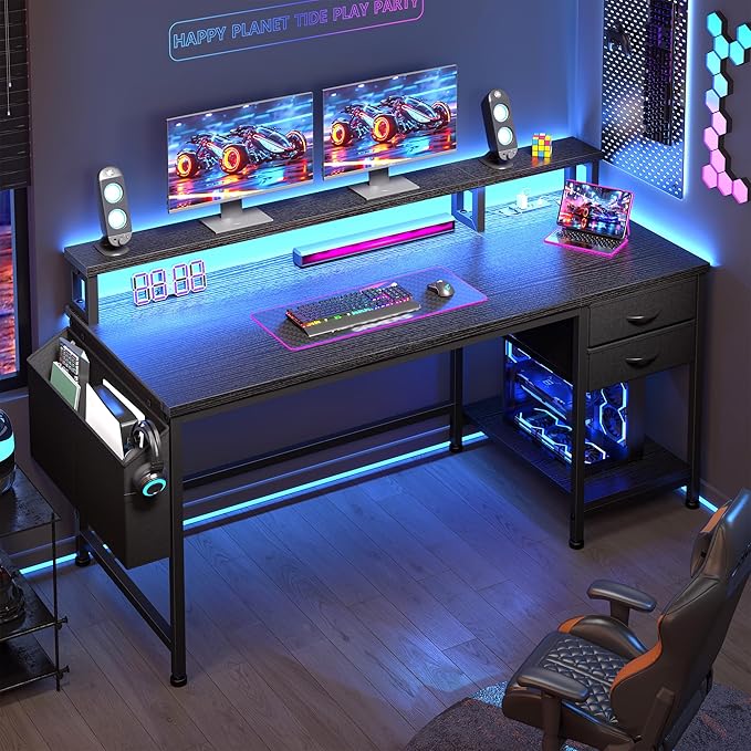 48" Computer Desk with Drawers & Storage Bag, Gaming Desk with Power Outlets and LED Lights, Office Desk with Monitor Stand for Bedroom Gaming Room, Study Work Home Office, Black