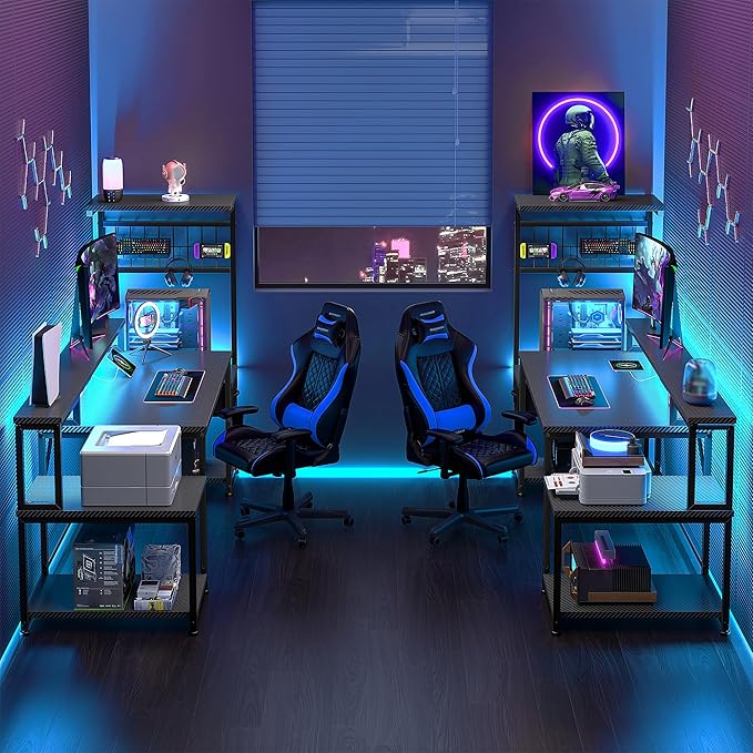 63" Gaming Desk with LED Lights & Outlets,Computer Desk with Drawers & Monitor Stand,Gaming Table with Storage Shelves & Printer Space for Game Room,Study Room,Home Office,Bedroom,Black