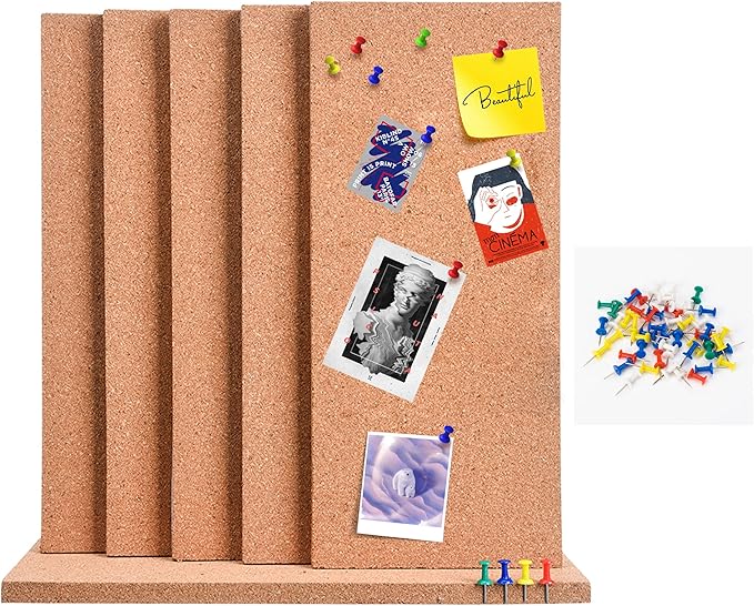 SUNGIFT Cork Bulletin Board 1/2" Thick Cork Boards 6 Pack Frameless Cork Tiles, 17 x 8 Inch, Self-Adhesive Corkboards Wall Decor with 50 PCS Pushpins for Office, School and Home