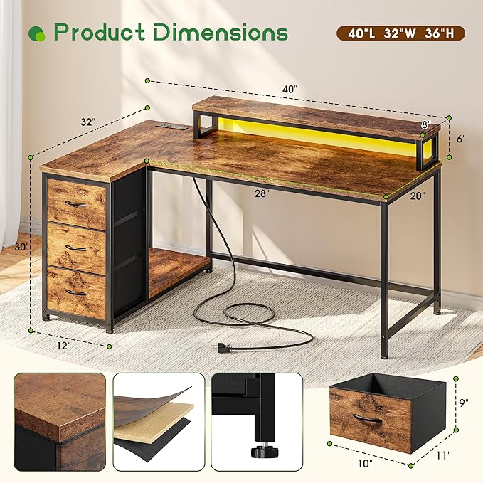 EnHomee L Shaped Desk with 3 Drawers, 40 Inch Small Desk with Monitor Stand, Gaming Desk with Power Outlet, Computer Corner Desk with LED Lights for Gaming, Home Office, Study Room, Rustic Brown