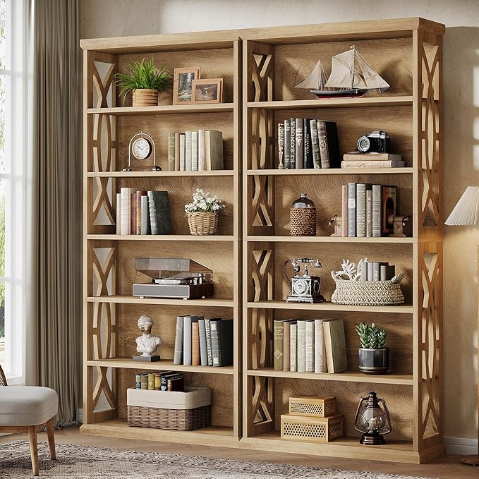 Tribesigns 6-Tier Bookshelf, 71 Inches Tall Freestanding Bookcase, Large Industrial Bookshelves Display Shelves, Wooden Book Shelf for Home Office, Living Room, Bed Room, Natural, 2pcs
