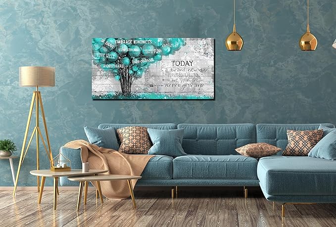 Teal Wall-Decor For Office - Inspirational Quotes Tree Wall Art - Large Canvas Wall Art Teal Decor For Living Room Ready To Hang Size 20" x 40"