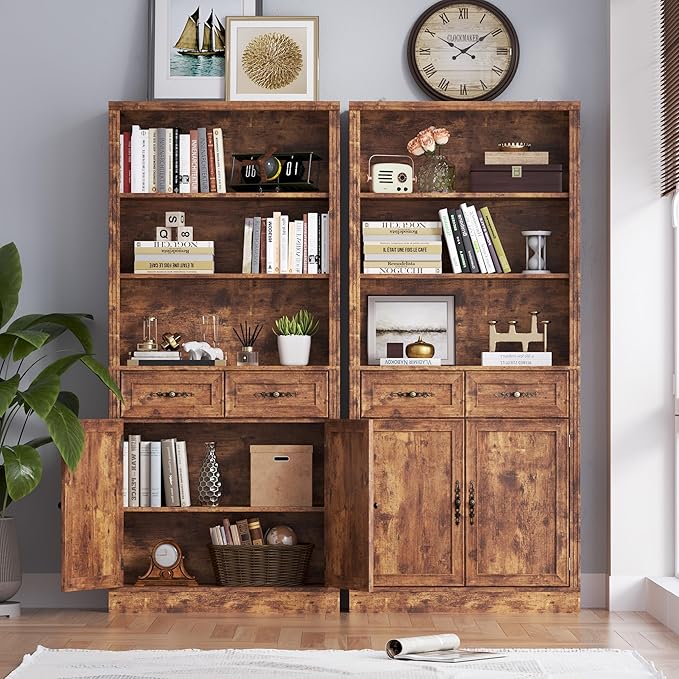 70.1" Tall Bookshelf with Drawers & Cabinet, 5-Tier Floor Standing Bookcase with Storage Doors, Adjustable Shelves & Metal Handles, 31.5" Wide Organizer for Home Office, Living Room