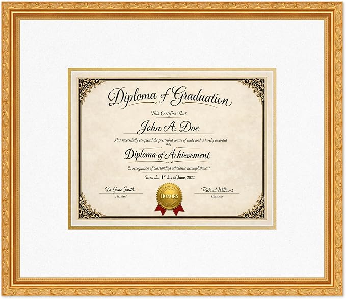 Diploma Frame Museum Gold with Oyster Shell Over Gold Double Mat - Fits 11 x 8.5 US Letter Certificate Wall Display Made in the USA