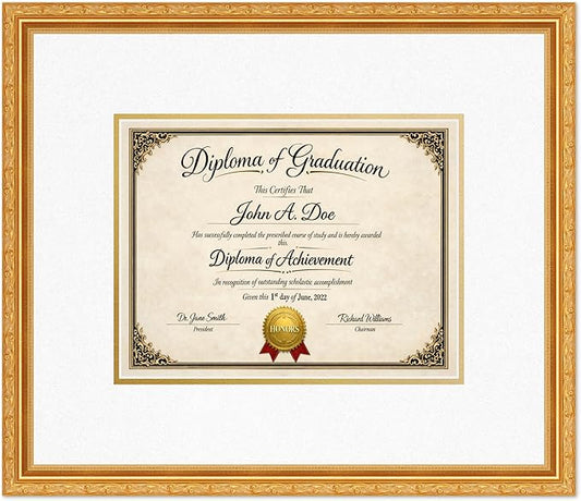 Diploma Frame Museum Gold with Oyster Shell Over Gold Double Mat - Fits 11 x 8.5 US Letter Certificate Wall Display Made in the USA